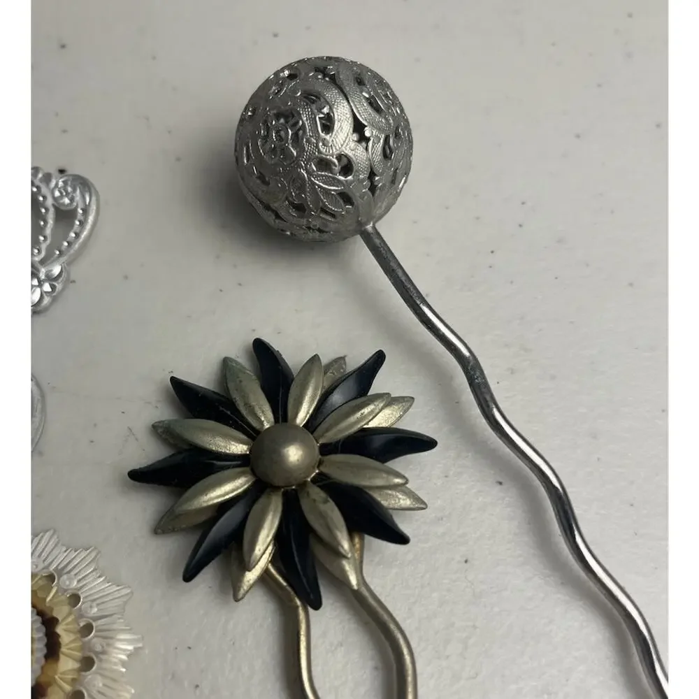 Hair Pin Stick Lot Victorian Style Filigree Ball Flower Mother Of Pearl 6 Pieces